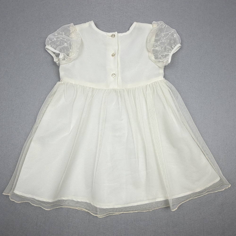 Ivory Embroidered Tulle Flower Girl Dress with Rosettes and Puff Sleeves